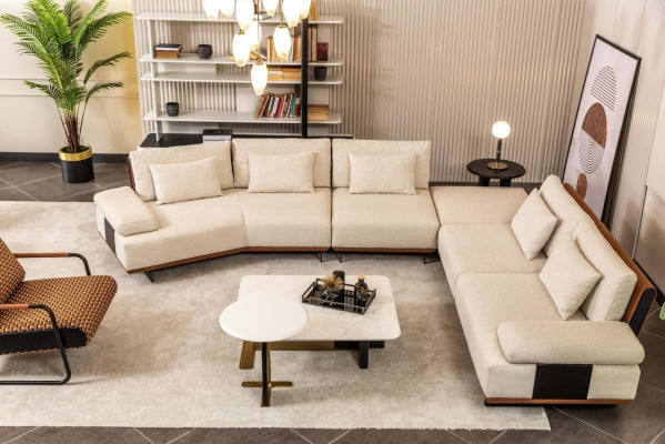 Garnitur Ecksofa L Form Sessel Stoffsofa Couchtische Polstersofa Beige