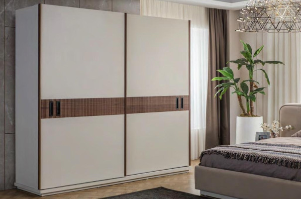 Großes Beiges Textil Doppelbett Holz Kleiderschrank Moderne Nachttische