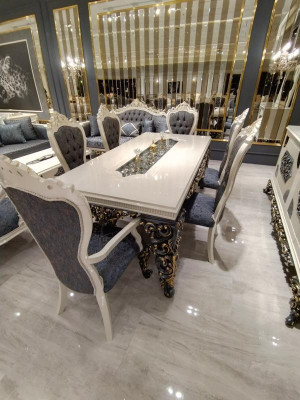 Glamouröses Esszimmer Set Esstisch + 6x Stühle + Kommod mit Spiegel 8 tlg
