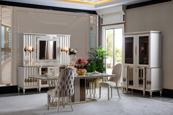 Esszimmer Set Weiß Esstisch Luxus 4x Stühle Anrichte Vitrine Neu 8tlg.