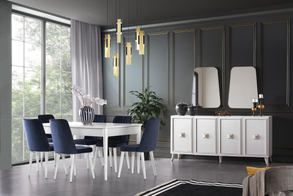 Essgruppe Esszimmer Essecke Esstisch Stühle Holz 9tlg Anrichte Weiß