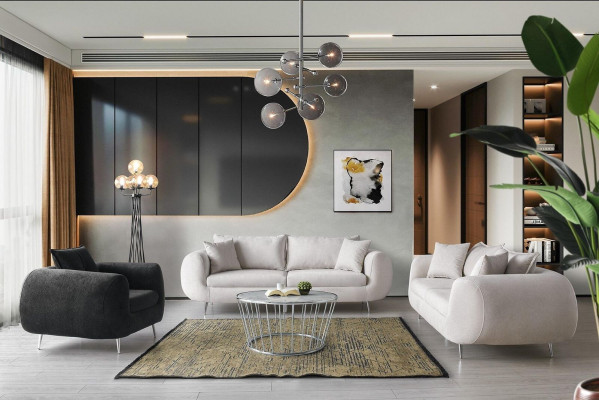 Komplette Couchgarnitur Dreisitzer Sessel Stoff Polstersofa 3tlg Weiß