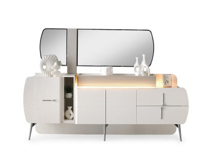 Luxus Anrichte Sideboard Schrank Spiegel Weiß Holz Kommode Modern