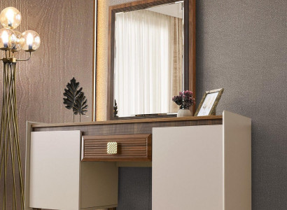 Schminktisch mit Spiegel Frisiertisch Beige Holz Schminkkonsole Design
