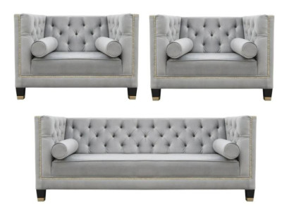 Sofagarnitur Grau Chesterfield Sessel Luxus Möbel Textil Stoff Wohnzimmer Neu