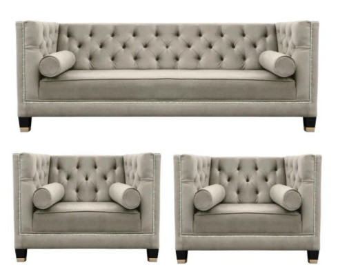 Beige Sofagarnitur Chesterfield Sessel Luxus Möbel Textil Stoff Wohnzimmer Neu