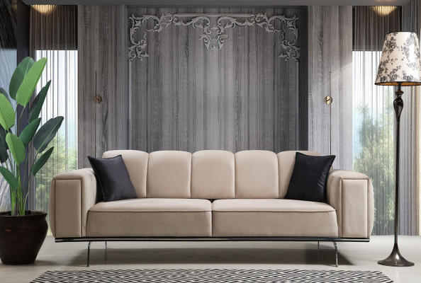 Luxus Couchgarnitur Dreisitzer Sessel Couch Beige Stoffsofa Sofas 3tlg