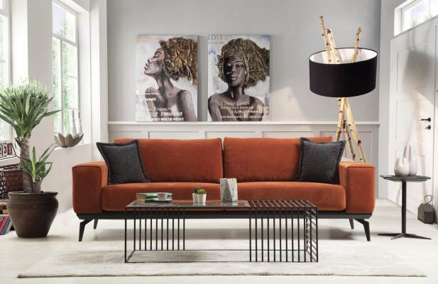 Sofa Orange Couch Dreisitzer Stoffsofa Polstersofa Modern Stoff 3 Sitz