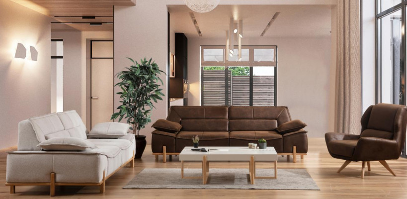 Komplette Couchgarnitur Dreisitzer Sessel Couch Braun Stoff Sofas 3tlg
