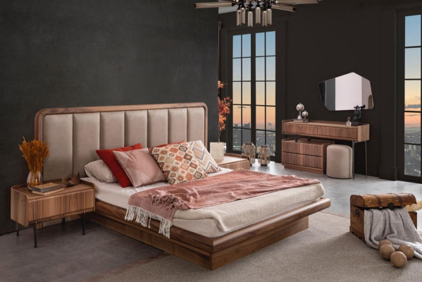 Luxus Brauner Schlafzimmer Set Bett 2x Nachttische Kleiderschrank Modern