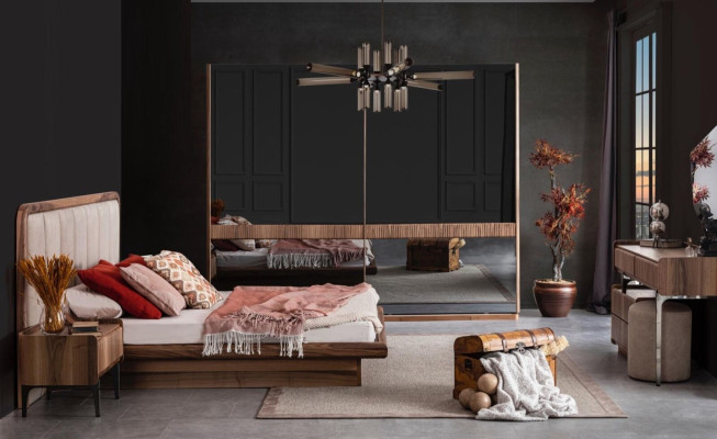 Luxus Brauner Schlafzimmer Set Bett 2x Nachttische Kleiderschrank Modern