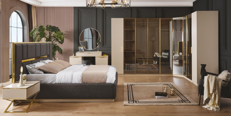 Elegant Schlafzimmer Set 6tlg luxuriös Beige Möbel Holz Eckschrank Nachttisch