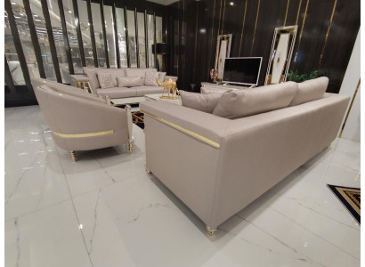 Luxus Sofagarnitur 3+3+1 Sitzer Design Möbel Beige Sessel Sofa Textil Holz Neu