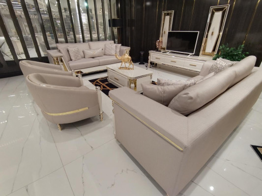 Luxus Sofagarnitur 3+3+1 Sitzer Design Möbel Beige Sessel Sofa Textil Holz Neu