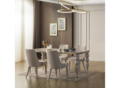 Dunkel-Beige Essgruppe Designer Holz Esstisch x6 Stühle 7tlg Luxus Set
