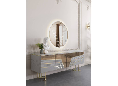 Moderner Silber Sideboard Rundspiegel LED Beleuchtung Designer 2tlg Set 