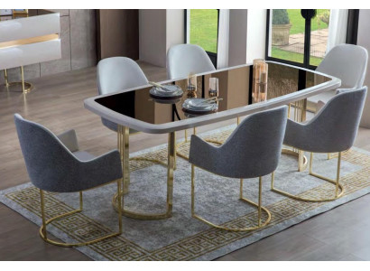 Edle Esszimmer Garnitur Luxus Glastisch Edelstahlstühle Modern 7tlg Set