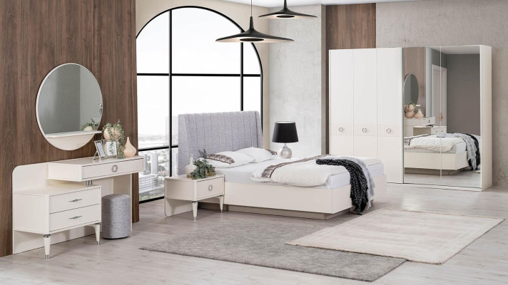 Garnitur Doppelbett Bettrahmen Stoff Schlafzimmer Weiß Holz Set 7tlg