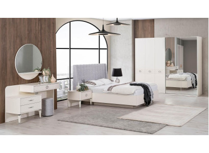 Garnitur Doppelbett Bettrahmen Stoff Schlafzimmer Weiß Holz Set 7tlg