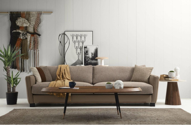 Sofagarnitur 431 Sitzer Sessel Sofa Modern Stoff Beige Set 3tlg Sofas