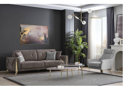 Braun-Graue Wohnzimmer Garnitur Dreistzer Luxus Sessel Couchtisch 4tlg