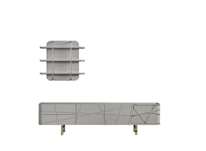 Graue Wohnzimmer Garnitur Holzmöbel Stilvoller TV-Schrank Wandregale 