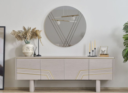 Beige Luxus Holzmöbel Designer Sideboard Luxus Rundspiegel Modern 2tlg