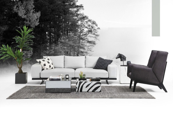Sofagarnitur Sofa 2 Sitzer Sessel Zweisitzer Grau Modern Stoff Set
