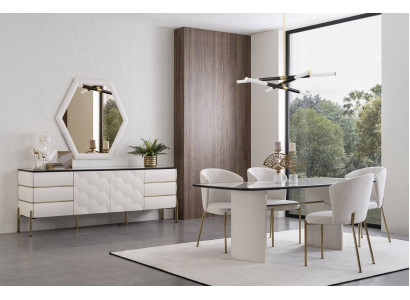 Stilvolle Esszimmer Garnitur Großer Esstisch 4x Stühle Sideboard Spiegel