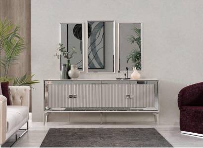 Anrichte Sideboard mit Spiegel Gruppe Kommode Holz Silber Esszimmer