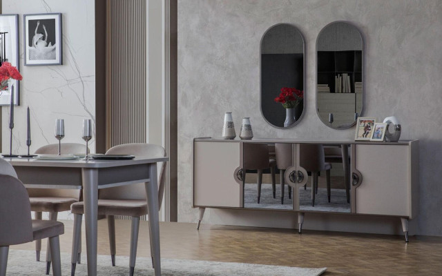 Graue Möbel Garnitur Designer 4-türiges Sideboard Exklusive Spiegel 3tlg