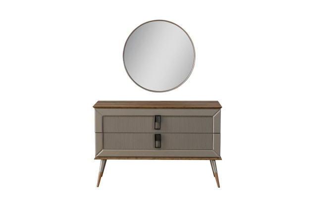 Braune Designer Kommode Edler Rundspiegel Luxus Schminktisch Set 2tlg
