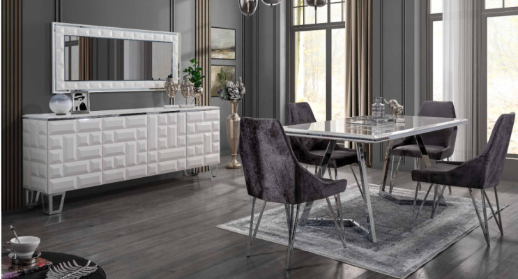 Esszimmer Set Esstisch 4x Stühle Kommode mit Spiegel Modern Set Grau