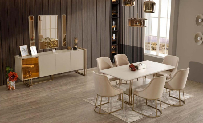 Luxuriöse Esszimmer Set Esstisch + 6x Stühle + Sideboard + 3x Spiegel 11tlg