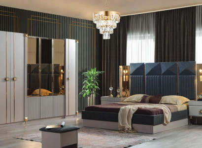 Luxuriöse Schlafzimmer Möbel Polster Doppelbett Holz Nachttische Schrank