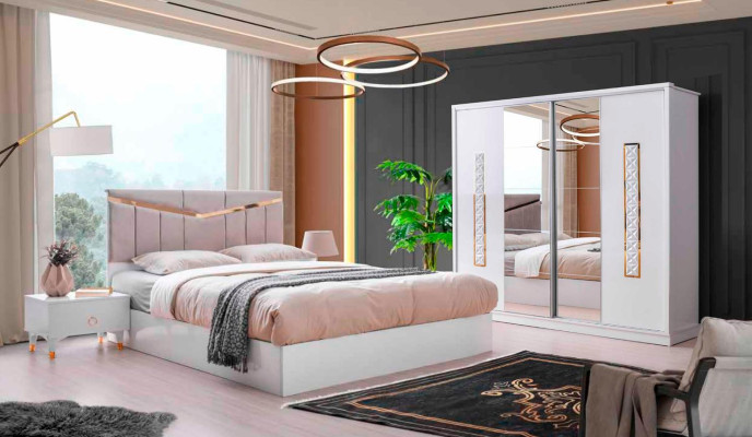 Schlafzimmer-Set 4tlg Modern Stil Design Bett 2x Nachttische Kleiderschrank