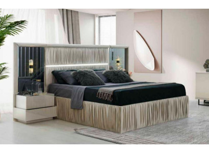 Schlafzimmer-Set 3tlg Beige Doppelbet 2x Nachttische Modern Design Holz