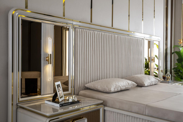 Schlafzimmer Set Weiß Bett Holz 2x Nachttische Modern Hocker Neu 4tlg.
