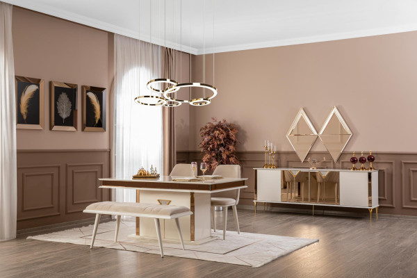 Esszimmer Tisch 4x Stühle Bank Set Essgruppe Modern 7tlg Beige Design