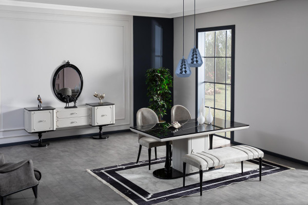 Esszimmer Set Tisch 4x Stühle BankStil 6tlg Luxus Stil Modern grau