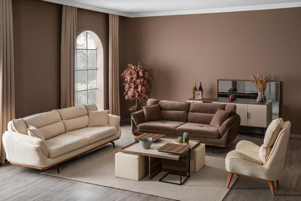 Beige Couch Polster Sofa Möbel Couchen Wohnzimmer Dreisitzer Textil Stoff