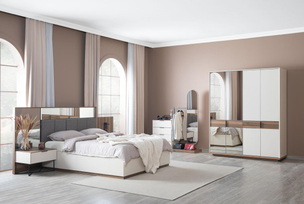 Schlafzimmer Anrichte mit Spiegel Garnitur Holz Modernes Weiß Möbel