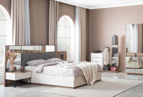 Schlafzimmer Anrichte mit Spiegel Garnitur Holz Modernes Weiß Möbel