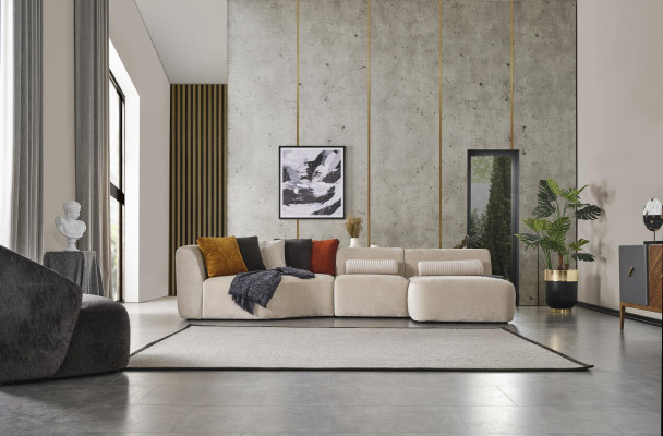 Ecksofa L Form Design Couch Holz mit Textil Polster neu Möbel weiß