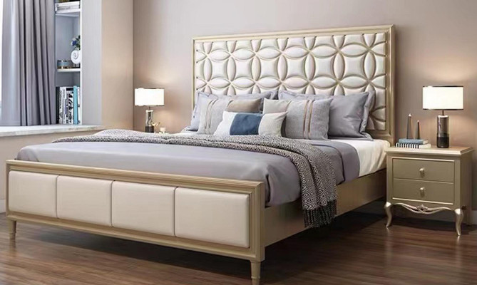Bett Betten Doppelbett Schlafzimmer Kunstleder Polster Beige Doppelbetten Neu