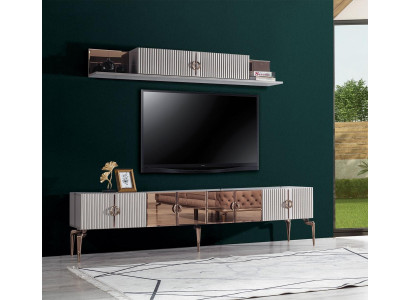 Moderne Wohnzimmerambiente Weißes RTV-Lowboard Edelstahl Regal 2tlg Set
