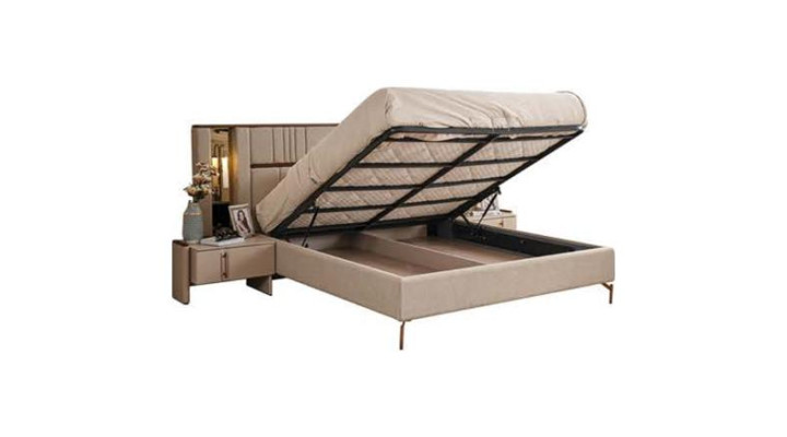 Moderne Schlafzimmer Möbel Beiges Doppelbett 2x Nachttische Schminktisch