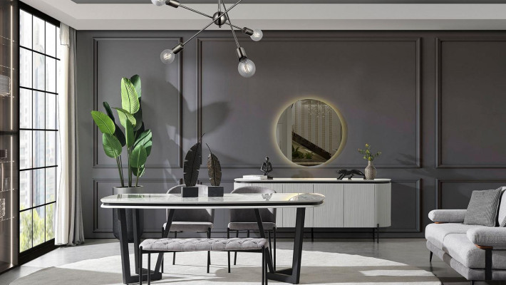 Modern Esszimmer Set Besteht aus Esstisch 4x Stühle und Anrichte Spiegel