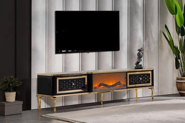  TV-Sideboard Kommode schwarz Kaminimitat Stilvolle Wohnzimmermöbel