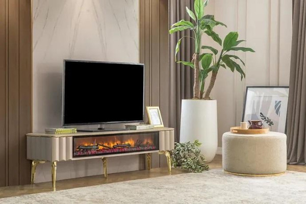  Sideboard RTV Wohnzimmer Luxusmöbel Kamin Beige MDF Metall Lowboard
